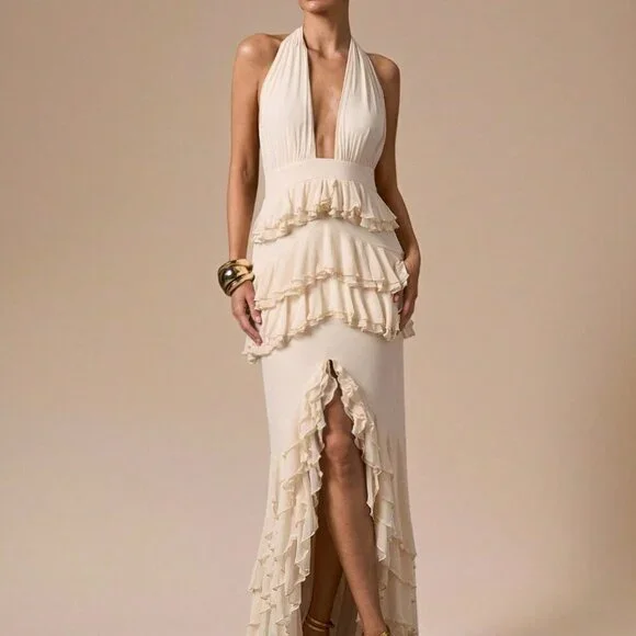 Apricot Sexy Women's Deep V-Neck Fitted Elegant Ruffle Hem Dress - Picture 4 of 7